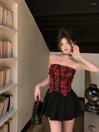 Women's Tanks Red Plaid Lace Sleeveless Strapless Vest For Summer Girls Slim Fit Irregular Short Top Tank Sexy Camisole