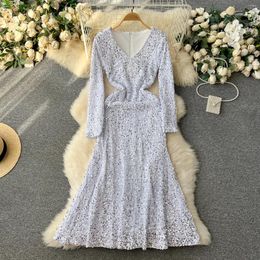 Casual Dresses Light Luxury And High-end Retro Velvet Heavy Embroidery Sequin Dress Autumn Winter Temperament Mid-length A-line Skirt