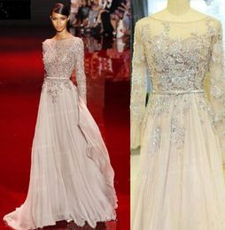 Elie Saab Bling Bling Evening Gowns With Sleeves Sheer Neck Floor Length Beads Crystal Prom Dress Real Image Celebrity Red Carpet 2108263