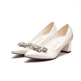 Dress Shoes Main Wedding White Satin Bride Pumps Pregnant Women Safe Chunky Square High Heels Rhinestone Flower Large Size