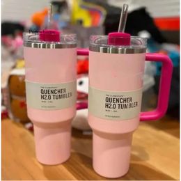PINK Flamingo 40Oz Quencher H2.0 Coffee Mugs Outdoor Camping Travel Car Cup Stainless Steel Tumblers Cups With Silicone Handle Valentine's Day Gift US Stock 0426