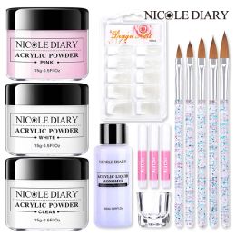 Liquids NICOLE DIARY Acrylic Powder Liquid Set Crystal Glass Nail Brush Kit with Nail Forms 3D Nail Tips Carving Extension for Beginner