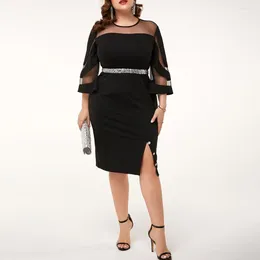 Casual Dresses Slim Fit Hip-hugging Dress Elegant Long-sleeve Plus Size Midi With Mesh Patchwork Shiny Sequin For Women's