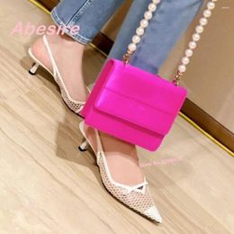 Dress Shoes Mesh Pearl Sandals Summer Pointed Thin Heel Back Strap Slingback Kitten Women's Pumps Solid Luxury Party Sexy