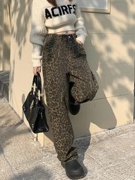 Korean Leopard Print Y2k Jeans Women Casual High Waisted Baggy Wide Leg Denim Pants Fashion Streetwear Retro Straight Jeans 240419