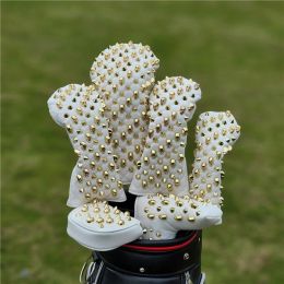 Products Golf club cover gold skull rivets PU leather For Driver Fairway 1# 3# 5# Hybrids Golf Head Covers Magnetic Closure Personalised