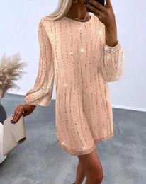 Casual Dresses Female Sequin Mesh Long Sleeve Dress Women's Clothes Temperament Commuting Woman Fashion Round Neck Straight