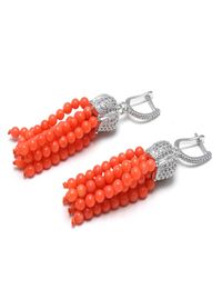 GuaiGuai Jewelry Natural Orange Smooth Round Coral Beads Silver Color CZ Pave Lever Back Dangle Earrings Cute For Women7767995