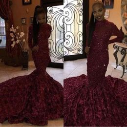 Girls Lace Prom Black Mermaid Dresses 2019 Long Sleeves Tulle Applique Beaded 3D Floral Sweep Train Formal Party Wear Gowns Bc1421