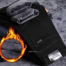 Men's Jeans Winter mens wool warm jeans classic business style casual thickened formal denim pants black and blue brand TrousersL2404