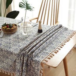 Table Cloth New Chinese style retro blue white porcelain cotton linen rectangular dining table tassel tablecloth 240426