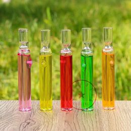 Colorful Liquid Freezable Thick Glass Smoking Tube One Hitter Portable Herb Tobacco Pipes Cigarette Holder Handpipe Filter Mouthpiece Catcher Taster Bat Tips DHL