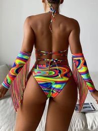 Women's Swimwear Women Acute S 3 Piece Bathing Suit Contrast Color Halter Triangle Bikini Set With Fringe Arm Sleeves