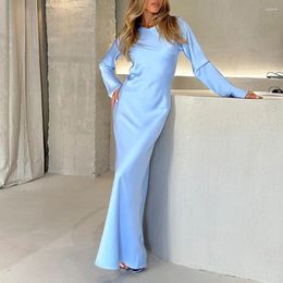 Casual Dresses Elegant Women Round Neck Party Dress Ladies One Piece Solid Color Satin Style 2024 Flare Sleeve Chic Long
