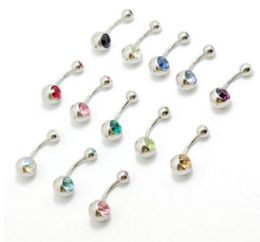 100pcs mix color Steel Crystal Rhinestone double gem Belly Button Navel Bar Ring Piercing fashion body jewelry2312197