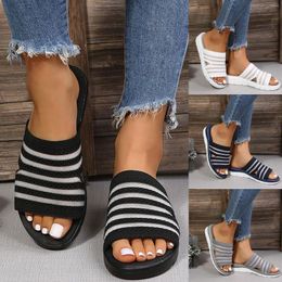 Slippers Leisure Roman Style Stripe Women's Solid Colour Summer Non Slip On Flat Beach Open Toe Breathable Sandals Shoes
