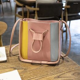 Shoulder Bags Women's Korean Colour Contrast Bucket Bag 2024 Spring Litchi Pattern Drawstring Buckle Single Mobile Phone