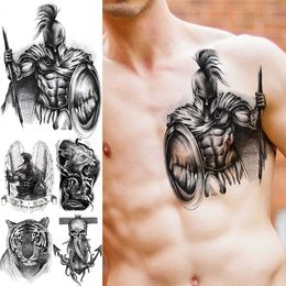 Tattoo Transfer 3D Black Large Warrior Shield Temporary Tattoos For Men Adult Anchor Lion Tiger Wings Realistic Fake Tattoo Chest Tatoos 240427