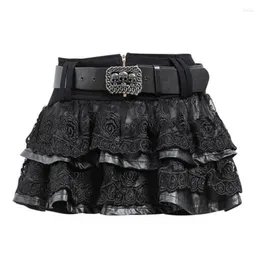 Skirts Dark Academia Pu Leather Lace Patchwork Mini Skirt With Belt Women Sexy Japanese Y2k Harajuku Gothic Short Black Faldas