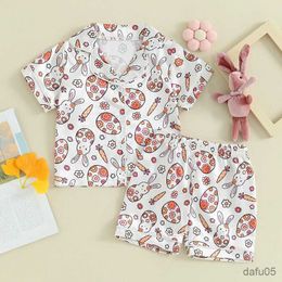 Clothing Sets Boy Clothing Girl Easter Pajamas Set Egg Bunny Print Lapel Button Down Short Sleeve Tops with Shorts Set Sleepwear