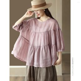 Women's Blouses Korean Solid Colour Lantern Sleeve Tops For Women Loose Wide High Waist Thin Pullover Doll Shirt Big Swing Ramie Summer