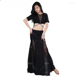 Stage Wear 2024 Summer Water Yarn Belly Dance Costume Sexy Women Silver Shine V Neck Top Rhinestone Decorated Fishtail Long Skirt Black