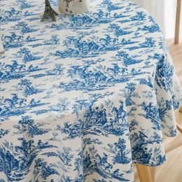 Table Cloth Cotton Linen Round Blue Garden Ink Painting Tablecloth Kitchen Living Room Napkin Coffee Diameter 150cm