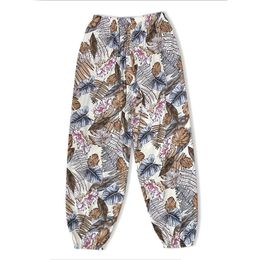 Ladies spring and summer thin casual girth pants beige leaf random print can be worn home air conditioning pants beach sunscreen pants