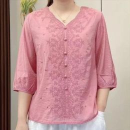 Women's Blouses Clothing Vintage Ethnic Style Embroidery Elegant Summer V Neck Half Sleeve Loose Shirts Ladies Cotton Linen Tops