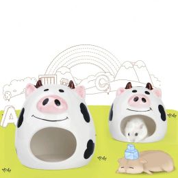 Cages Summer Cooling Ceramic Nest Cartoon Cow Mini Pet Bed For Hamster Golden Bear Rats Guniea Pig Small Animals Habitat Cage House