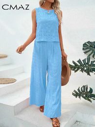 Kvinnors tvåbitar byxor Cmaz Summer Blue 2 Piece Set Woman Outfit Round Neck Slveless Top Elastic Midje Wide Leg Pant 2024 Nytt i matchande uppsättningar C8139 Y240426