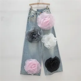 Women's Jeans High Waist Multiple Flowers Diamonds Tassel Straight Wide Leg Denim Pants 2024 Summer Fashion