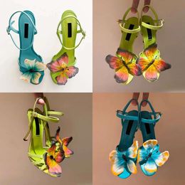 Butterfly Rare Blue Sandal Heels Woman Designer Dress Yellow Bow Stiletto Heel Fashion Wedding Party Ankle Evening Shoes Factory Footwear with Box Original Quality