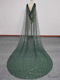 Wedding Hair Jewelry Sparkle Heavy Green Cape Veil with Beads Pearls Luxury Bridal Bolero 3 Meters Shoulder Veil with Pins Wedding Accessories