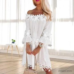 Basic Casual Dresses Summer Dress Lace Stitching Off Shoulder Trumpet Sleeve Hollow Out Dress-up Flower Applique Breathable Midi Dress Women Clothes