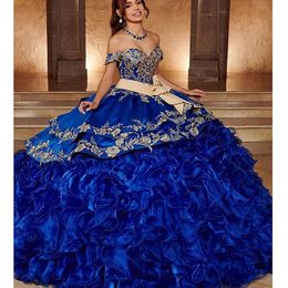 Long 2 Tiered الأزرق المكسيكي الكشكش quinceanera فساتين قطع الطابق الطول حفلة موسيقية كرات الذهب الدانتيل الدانتيل قبالة الكتف مشد 15 سنة الفتيات شاررو