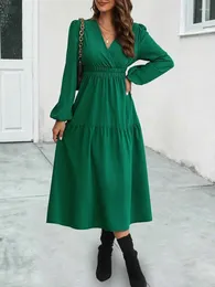 Casual Dresses 2024 Autumn Maxi Party Dress Women Elegant Long Sleeve Ladies A-line Office Green V-neck For