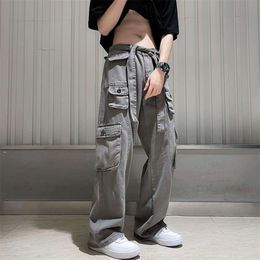 American Style Instagram Trendy High Street Multi Pocket Workwear Pants, Men's Loose Straight Casual Pants, Summer Drape Wide Leg Pants