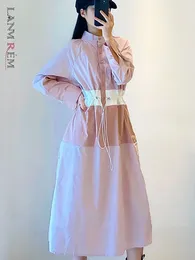 Casual Dresses LANMREM Pink Dress For Women Stand Collar Single Breasted Drawstring Mid Length Female Fashion Clothing Spring 2DA3259