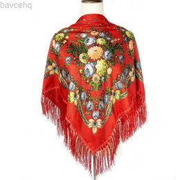 Shawls Russian Square Scarf Women Floral Print Square Bandana Ukrainian Fringed Shawl Babushka Head Wraps Female Blanket Travel Shawls d240426