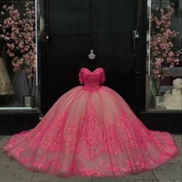 Rose Red Glitter Quinceanera Dress Off The Shoulder Ball Gown Lace Applique Beading Tull Corset Sweet 16 Vestido De 15 Anos