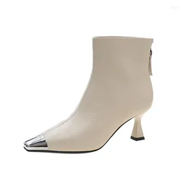 Boots Brand Design Pure Black White Women Heels Pointed Toe Metal DecorationBooties For Very Comfortable Leather Botte Femme