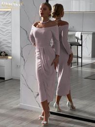 Casual Dresses Clacive Fashion Slim 'S Dress 2024 Sexy Slash Neck Long Sleeve Midi Elegant High Waist Slit Party Female