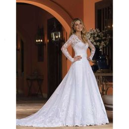 A-Line Dresses Long Gowns Bridal Wedding Classic Sleeves V-Neck Chapel Train Ivory Lace Appliques Spring Autumn Country Robe De Marriage Modest Bride Dress