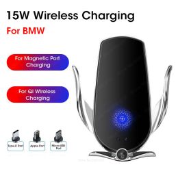 Chargers 15W Car Phone Holder For BMW Wireless Charger Car Mount Smart Sensor Builtin Battery Automatic Clamping For iPhone Samsung LG
