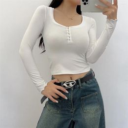 Women's T Shirts YPFF Trendy Long Sleeved T-shirt Autumn Front Shoulder Thread Square Neck Button Open Navel Bottom Shirt Short Top