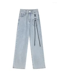 Women's Jeans Baggy Woman High Waisted Denim Pants Blue Washed Lace UpWide Leg Streetwear Full Length Korean Style Y2k Trousers