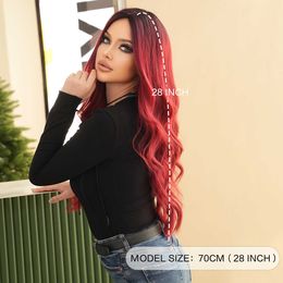 synthetic rose red long curly hair large wave Womens fiber mechanism wig hood Ombre Red Wigs