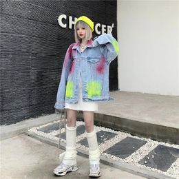 Casual Dresses 2024 Style Real S In Spring Spot Color American Fried Spray Paint Graffiti Loose Korean Denim Jacket