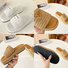 Quality High Designer Gold Buckle Black Brown Pool Crochet Slides Women's Casual Sandals Platform Wedge Grass Flat Slippers Original Quality